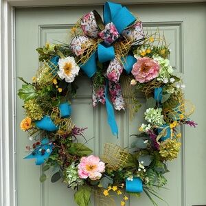 Floral Holiday Wreath with Blue Accents